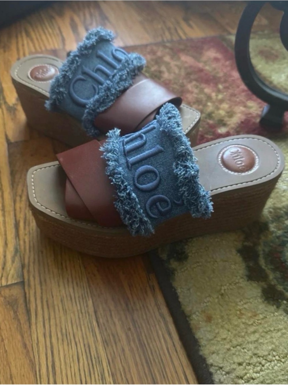 Chloe Denim Fringe & Brown Leather Platform Slides